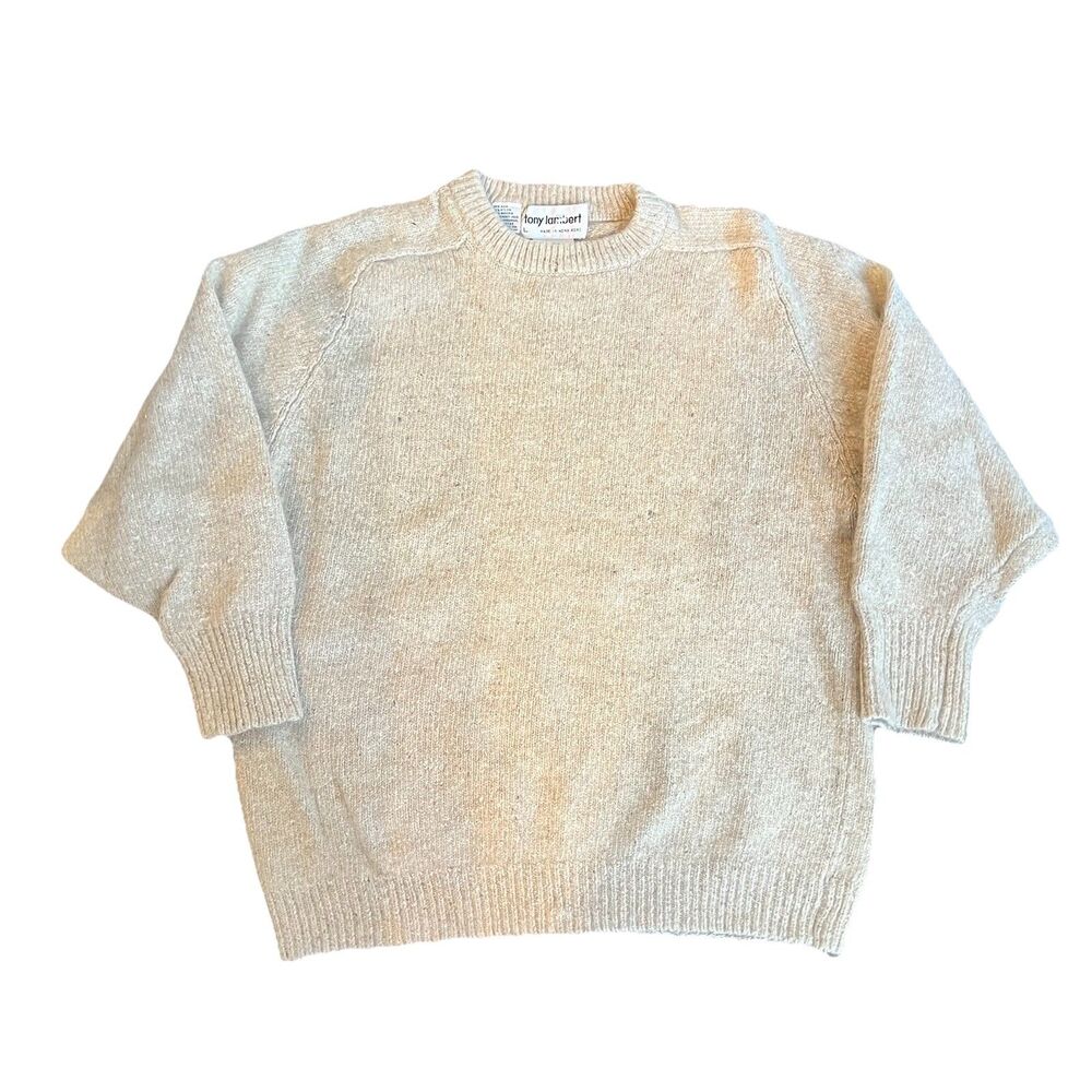 Vintage Tony Lambert Women's Silk Nylon Angora Rabbit Sweater Tan Ivory L Fits S